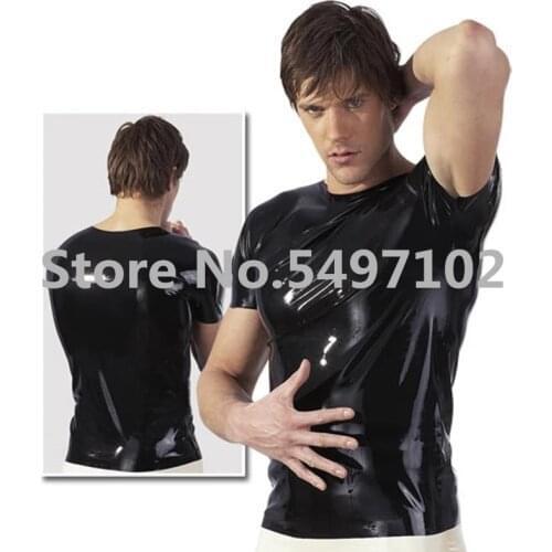 Fashion Sexy Black Latex T-shirts Short Sleeve Latex Tops for Man Rubber Costumes Casual Shirts Plus Size Hot Sale