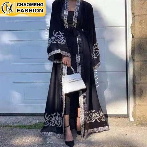 Middle East Ramadan Fashion Stitching Lace Embroidered Cardigan Muslim For Women Open Abaya Dubai Caftan Islamic Kimono Clothing