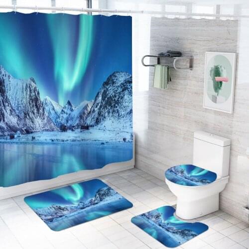 Natural Series Auroras Print Bathroom Sets Anti-Slip Rug Floor Mat Night Sky Shower Curtain Fantasy Colors Bathroom Decor Set