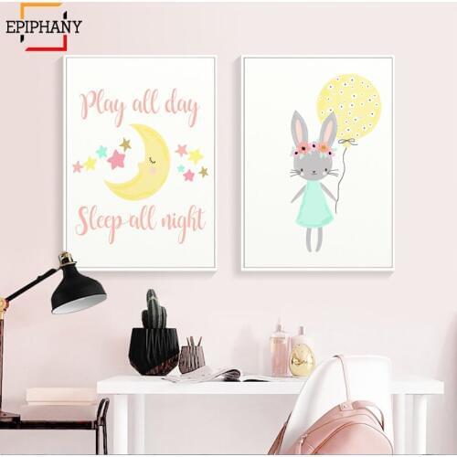 Pink Baby Girl Nursery Decor Moon Stars Wall Art Print Woodland Animal Bunny Rabbit Canvas Painting Kids Bedroom Cartoon Posters