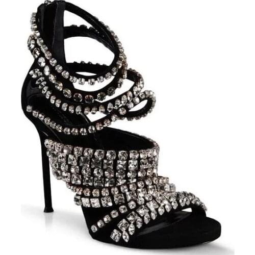 Carpaton Bling Bling Crystal High Heel Sandals Open Toe Cutouts Gladiator Shoes Woman Black Suede Thin Heels Party Dress Heels
