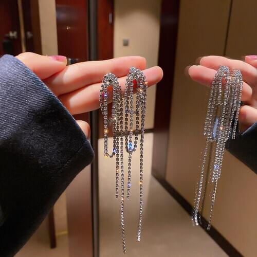 Luxury Gold Silver Color Metal Long Chain Tassel Drop Earrings Crystal long Tassel Dangle earrings Women Party Jewelry