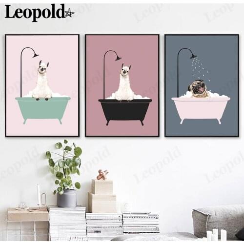 Nordic Cartoon Animal Canvas Painting Alpaca Dog Bathing Poster Printing Wall Art Modern Home Living Room Decoration Accessories