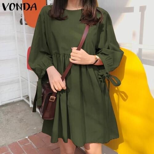 Loose Robe Dress Fashion Pleated Dress Knee-Length Dresses VONDA Womens Autumn Sundress 2021 Casual Long Sleeve Solid Vestidos