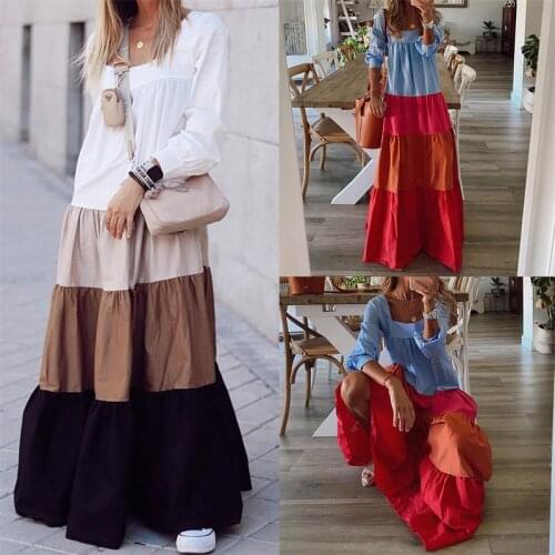 Hirigin Summer Autumn Ladies Flared Long Dress Color Patchwork Square Collar Loose Casual Style Dress Women Clothes Vacation