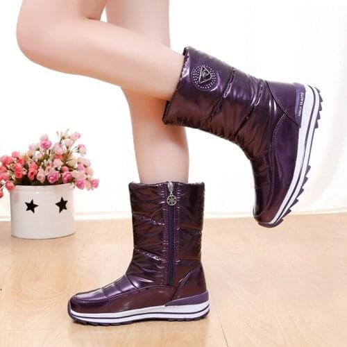 Winter Patent Leather Mid-Tube Boots Large Size European Warm Snow Womens Shoes Mirror Waterproof flannel Non-slip Cotton Boots