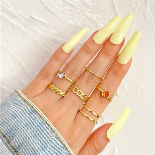 6pcs/set 2021 New Korea Fashion Red Rhinestone Metal Chain Open Rings for Women Trendy Adjustable Geometric Rings Party Jewelry