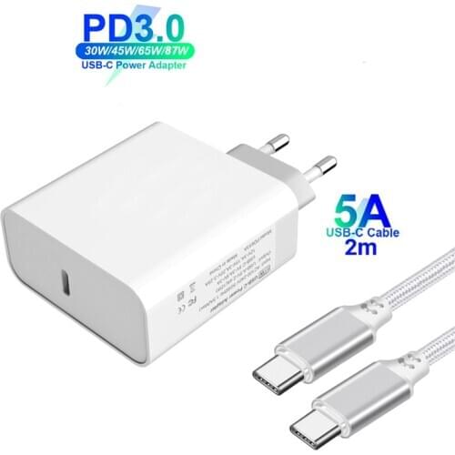 87W/65W/45W/30W PD/QC3.0 USB C Fast Power Adapter 100W Type-C Cable For MacBook/iPad Dell Lenovo Surface Pro USB-C Laptop Tablet