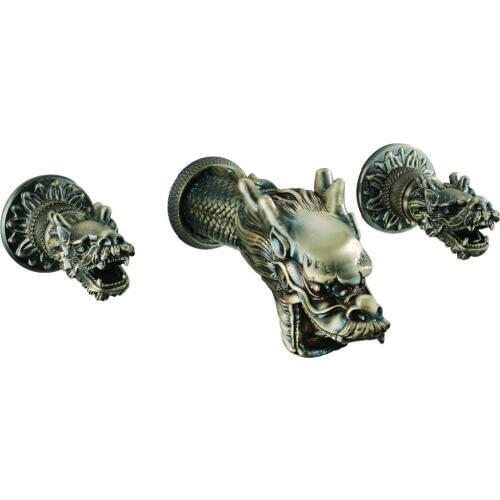 Free shipping double Handles Widespread Dragon Pattern Bathroom wall mounted antique brass Sink Faucet