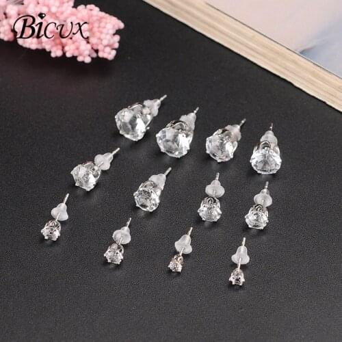 BICUX Korean Fashion Cute Silver Color Crown 6 Prong Setting Crystal Zircon Stud Earrings for Women Girl 6 Pairs Small Earring