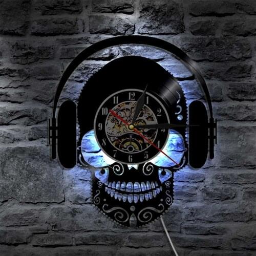 Skull Music Headphones DJ Wall clock Musical Skull Vinyl Record Wall Clock with LED Scary Skull Wearing Headphones Home Decor