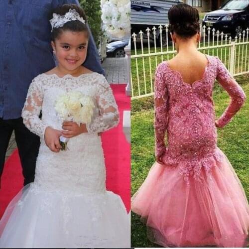 Beautiful Junior Girls White Mermaid Long Sleeves Lace Wedding Birthday Party Dresses Big Kid Flower Dresses Gowns 2021