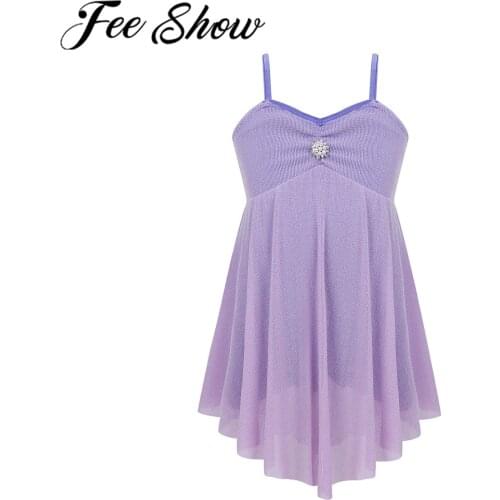 Kids Girls Modern Show Lyrical Praise Dance Dress Floral Rhinestone Unitard Dress Contemporary Dance Tutu Skirt Skating Costumes