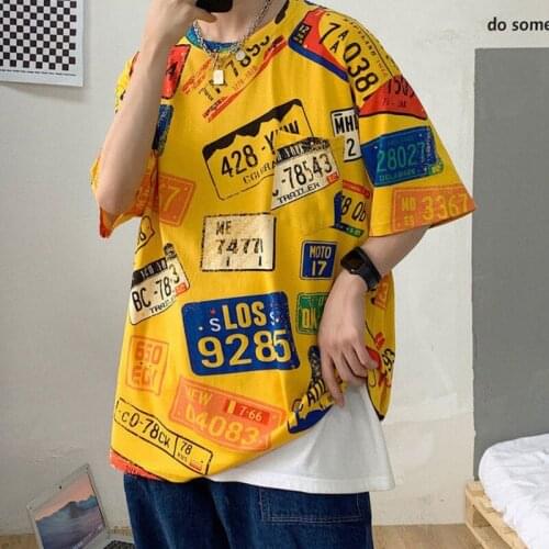 150KG Loose T-shirt Summer HK Style Casual Boys Large Short Sleeve Student Couple Japanese Graffiti Half Sleeve Tops Harajuku