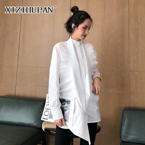 XIZIHUPAN White T Shirt For Women Stand Collar Long Sleeve Pleated Patchwork Solid Casual T Shirts Female 2021 Spring Clothing