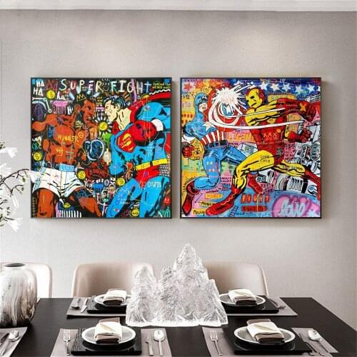Disney Canvas Painting Graffiti Marvel Movie Posters and Prints Wall Captain America and Iron Man Boxing Pictures for Room Decor