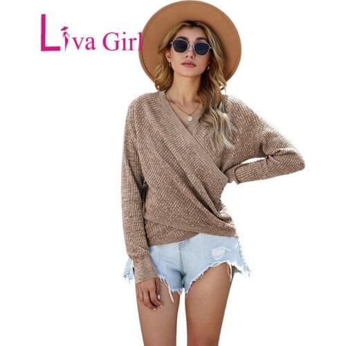LIVA GIRL Casual Deep V-neck Long Sleeve Knit Sweater Woman 2021 Female Sexy Elegant Solid Cardigan Sweaters Plus Size Tops 2XL