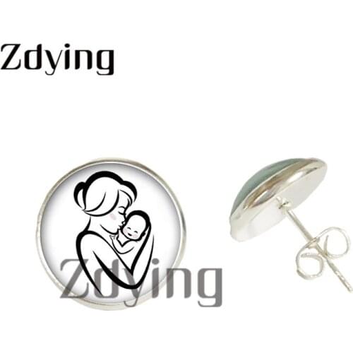 Zdying Fashion Mum and Son Daughter Silhouette Stud Earring Glass Paintings Cabochon Dome Earring Birthday Family Jewelry MU003