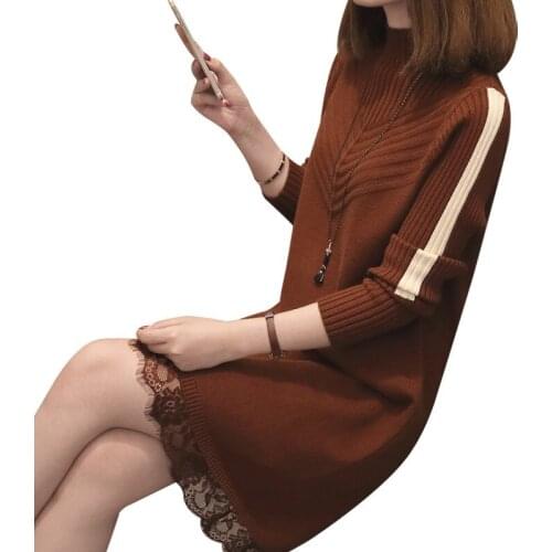 New Warm Women Sweater Dress 2019 Autumn Winter Long Sexy Lace Bodycon Dresses Knitted Dress Long Sleeve Pullover Sweater L73