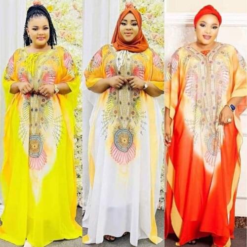 New African Dashiki Womens Fashion Abaya Stylish Chiffon Fabrics Print Loose Long Dress Free Size + Inside
