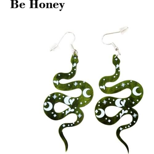 New Arrival Dark Green Marble Pattern Snake Acrylic Pendant Earrings Jasper Gloss Moon Star Heart Printed Fashion Dangle Jewelry