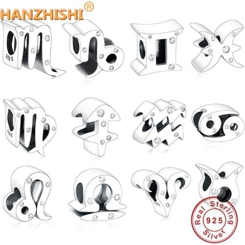 Wholesale Price 2019 Winter 925 Sterling Silver Beads Sparkling Zodiac Charms fit Charm Bracelets Necklaces Women DIY Jewelry