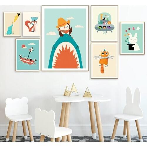 Cartoon Animal Expedition Prints Posters Rabbit Elephant Canvas Painting Nordic Wall Art Pictures Kids Bedroom Nursery Decor