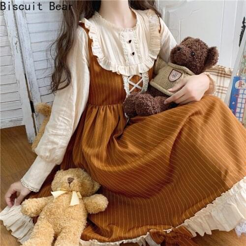 Kawaii Lolita Long Sleeve Dress Women Spring Fall 2021 New Japanese Sweet Cute Soft Girl Bow Ruffle Brown Girls Dress