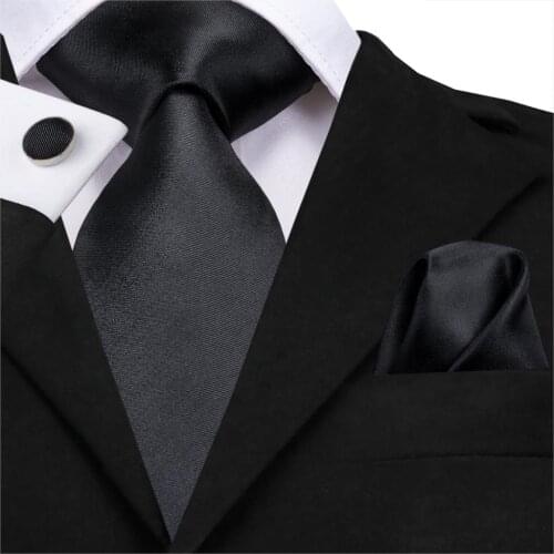 SN-3140 Black Solid Tie 8.5cm Silk Jacquard Woven Men Tie Plain Necktie Hanky Cufflinks Set Wedding Classic Pocket Square Tie