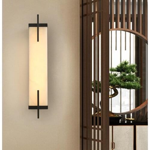 Modern New Chinese Style Wall Lamp Natural Marble Lamp All Copper Background Wall Bedroom Bedside Lamp Stairwell Aisle Lighting