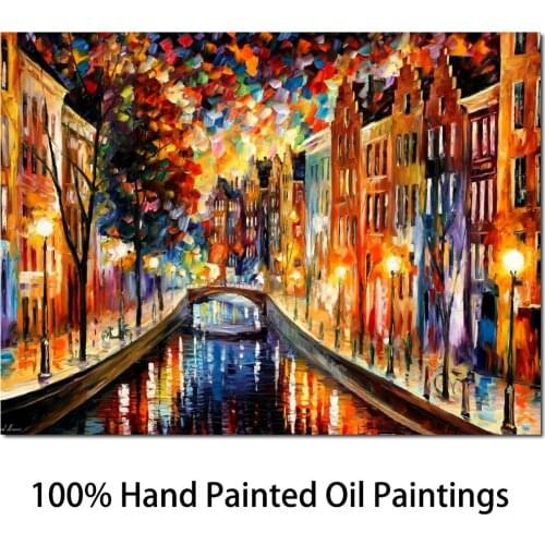 Palette knife oil painting Amsterdam night canal contemporary Art Landscapes Colorful High quality Hand painted Abstract image