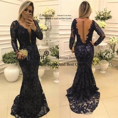 Dark Navy Blue Lace Evening Dresses Mermaid Long Sleeve Illusion Back Deep V Neck Ladies Formal Occasion Prom Party Gown