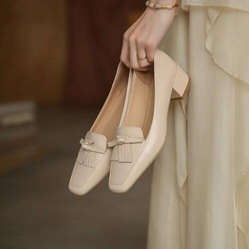 INS HOT Women pumps natural leather shoes plus size 22-26.5cm Full leather square head thick heel loafers Tassel bow heels women