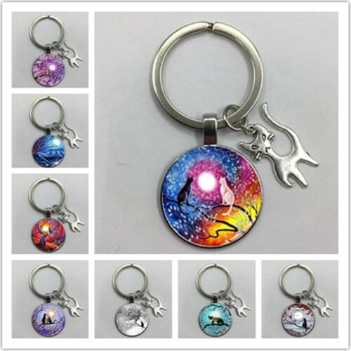 Cute anime cat under the night sky keychain with cat pendant fashion animal car hanging keychain key ring gift jewelry