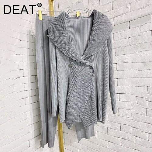 DEAT Women Pleated Suit Designer Lapel Collar Long Sleeve Blouse + High Elastic Pants Casual Style 20121 New Autumn 15JK243