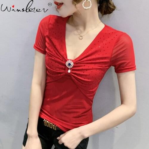Summer Korean Style All Match T-Shirt Girls Fashion Sexy V-Neck Shiny Diamonds Mesh Women Tops Short Sleeve Tees 2021 T13114A