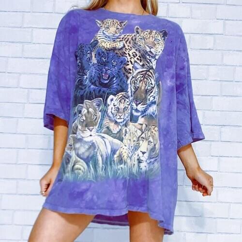 Purple Animal Tiger Print Vintage American Oversized T Shirt Women Streetwear Short Sleeve Tops Casual Plus Size 2021 Summer New
