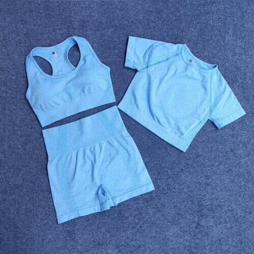 Women Seamless Yoga Set Fitness Sports Suits Gym Clothing Short Sleeve Crop Top Shirts High Waist Running Leggings Workout Short