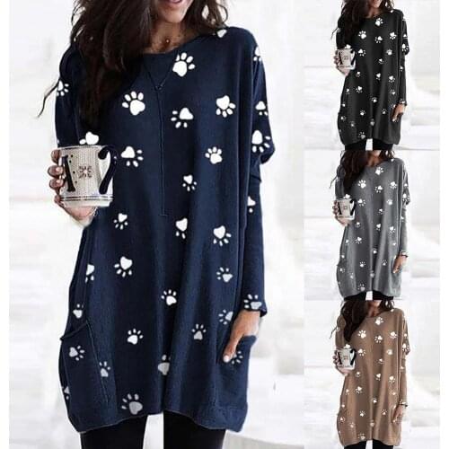 Women O Neck Pullover Casual Autumn Paw Print Pockets Tunic Top Long Blouse Pullover Vintage womens Hoodies womens Sweatshirt