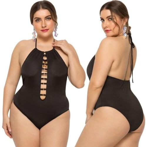 2021 WomenS Black Bikini Solid Color Halter Sexy Neckline Hollow Sling Large Size 2XL-5XL One-Piece Swimwear SW299