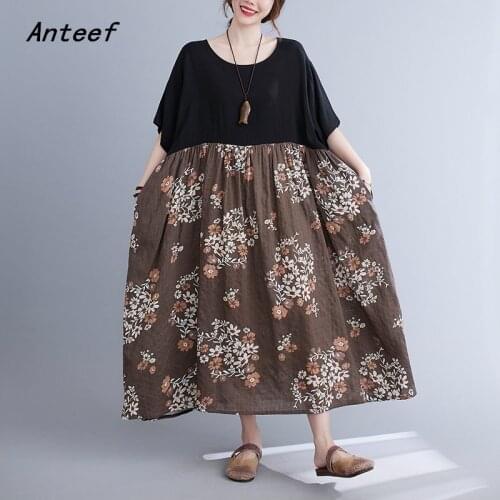 Short sleeve cotton vintage floral dresses for women casual loose long woman summer dress elegant clothes 2021