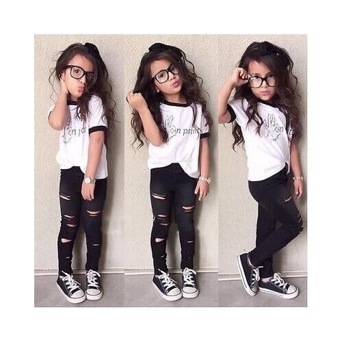 2 Pcs Baby Kid Unisex Boy Girl Suits Cute Outfits White T Shirt Tops+Black Ripped Legging Trousers 2pcs Outfits Clothes Sets