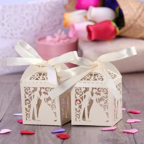 5PCS Couple Design Luxury Lase Cut Wedding Sweets Candy Gift Favour Boxes with Ribbon Table Decorations