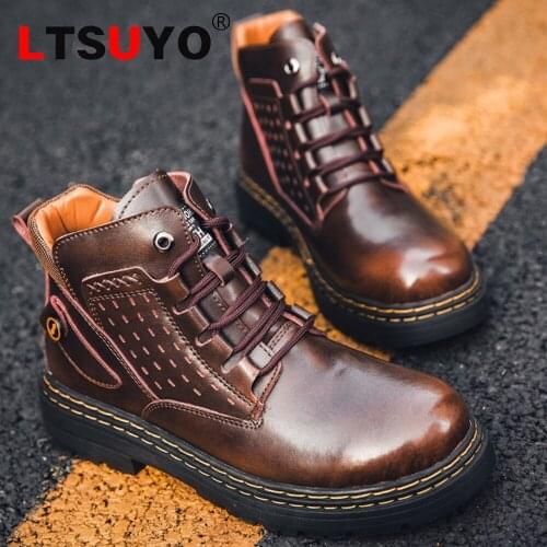 New autumn and winter mens Martin bootsleather double needlework handmade tooling bootsfashionable high-top plus cashmere boots