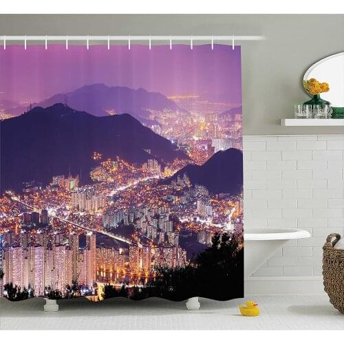 Urban Shower Curtain Skyline of Busan South Korea Modern Cityscape with Night Light Buildings Hills Waterproof Bath Curtains