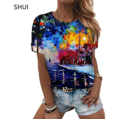 Harajuku Oil Painting Flower Print 3D Print Pullover Top Women Casual Short Sleeve Round Neck Loose Oversized Fashion Clothes