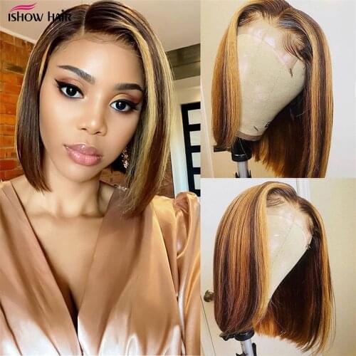 Ishow Highlight Bone Straight Lace Frontal Bob Wig 13x4 Lace Front Human Hair Wigs for Women Colored Brown Human Hair Wigs