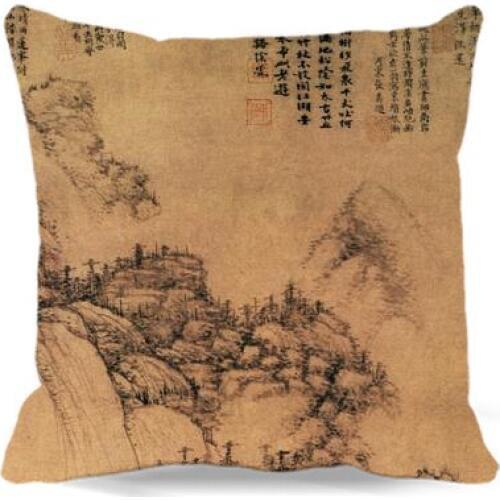 Brown Chinese ancient paintings of Cotton polyester Pillow case For Home sofa Car car chair Seat Decoration Square Cushion Cover