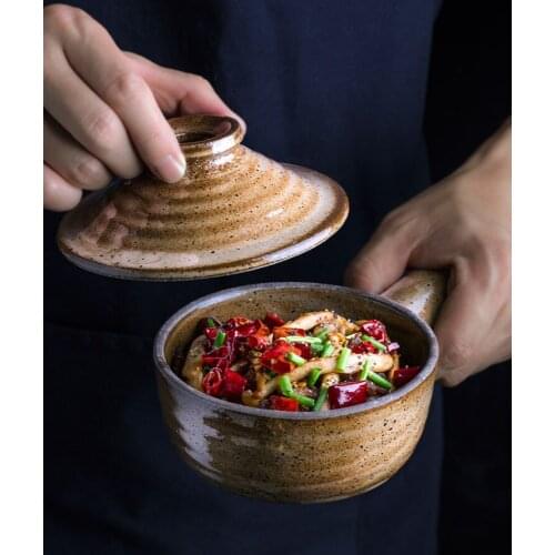 Creative pottery casserole stewing pot household microwave oven casserole rice heat resistant soup bowl with cover tableware
