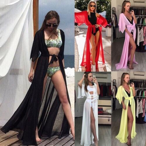 Summer Women Swimsuit Bikini Cover Sexy Chiffon Kimono Beach Cover-Ups Cardigan Long Maxi Dress Wrap Beachwear Long Blouse